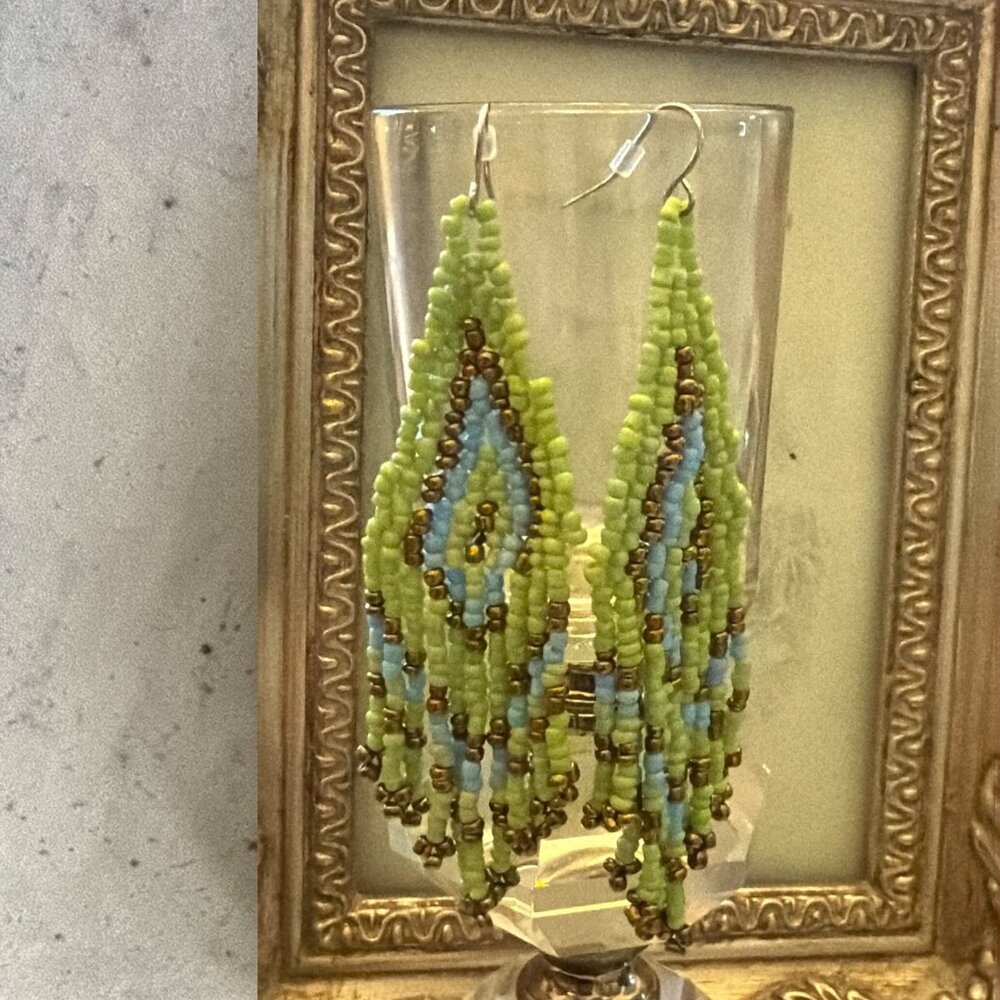 Handmade Beaded Drop Earrings With Green & Blue Tribal Pattern Framed Display - Picture 5 of 8